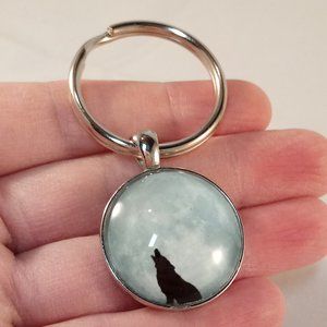 Men's Silver Howling Wolf Silhouette Cabochon Key Ring Party Gift